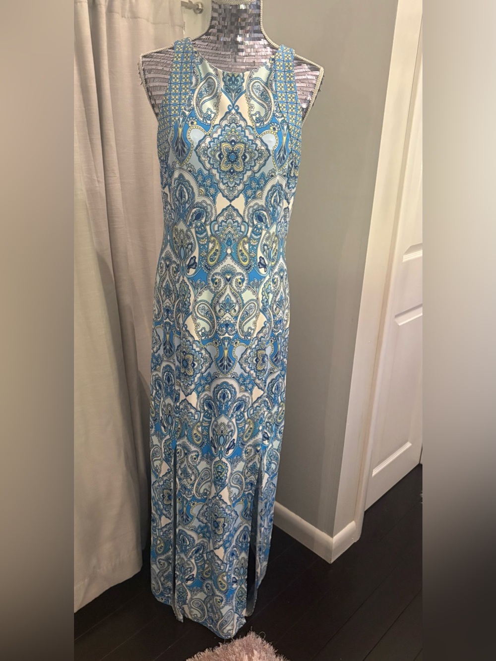 London Times Blue and White Paisley Maxi Dress with front slits